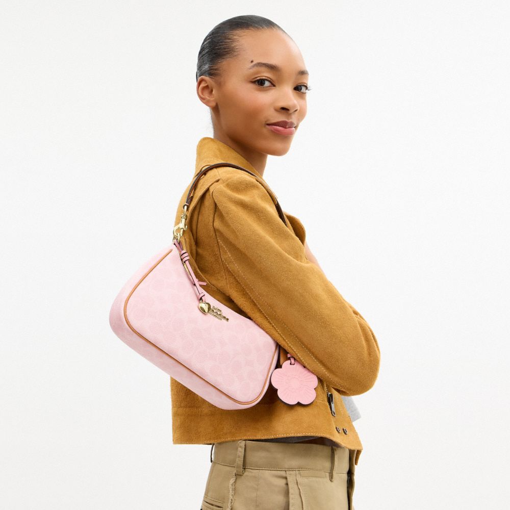 COACH®,Teri Shoulder Bag In Signature Canvas With Charms,Recycled Polyester,Leather,Canvas,Lining Recycled Polyester,Shoul...,Pink,Detail View
