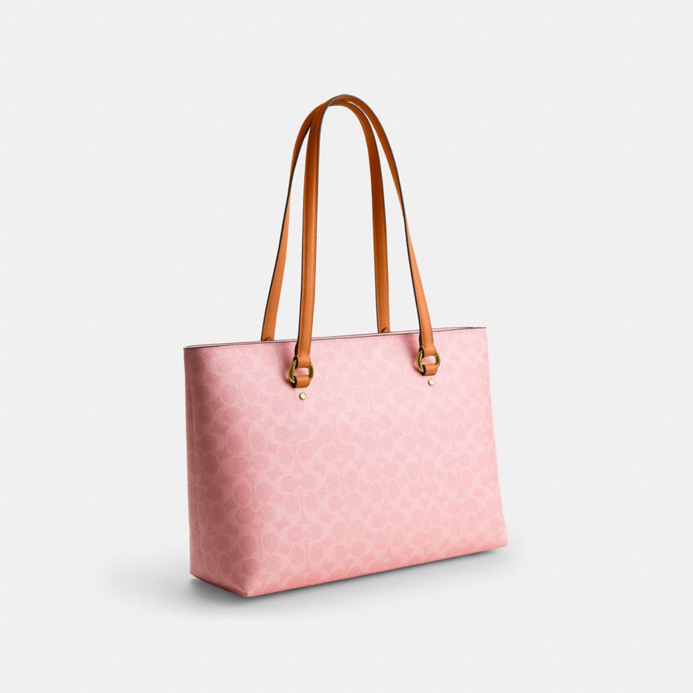 COACH®,Station Tote Bag In Signature Canvas,Polyester,Leather,Canvas,Recycled Polyester,Tote,Metal,Logo,Lined,Gold Metal,C...,Pink,Angle View
