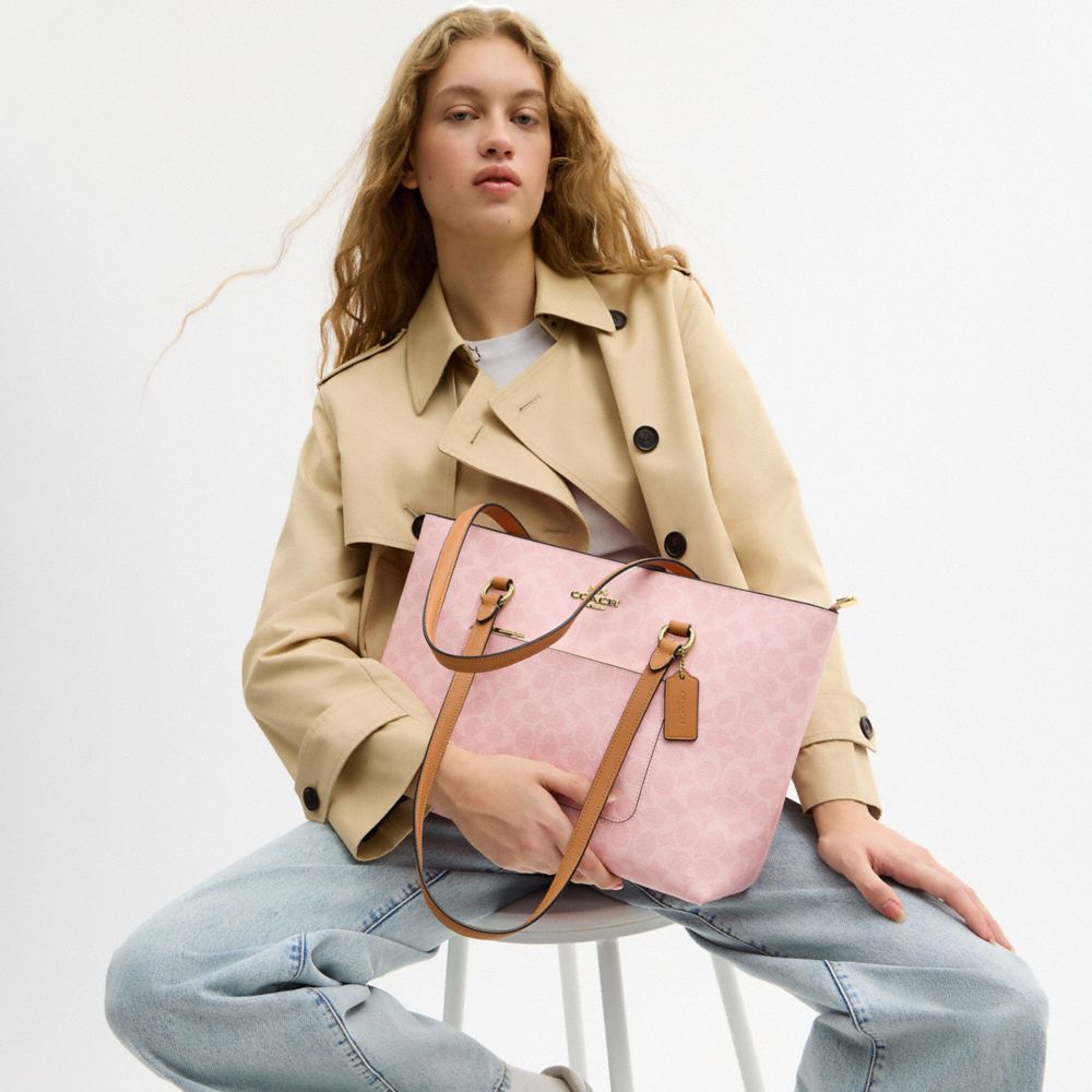 COACH®,Station Tote Bag In Signature Canvas,Polyester,Leather,Canvas,Recycled Polyester,Tote,Metal,Logo,Lined,Gold Metal,C...,Pink,Detail View