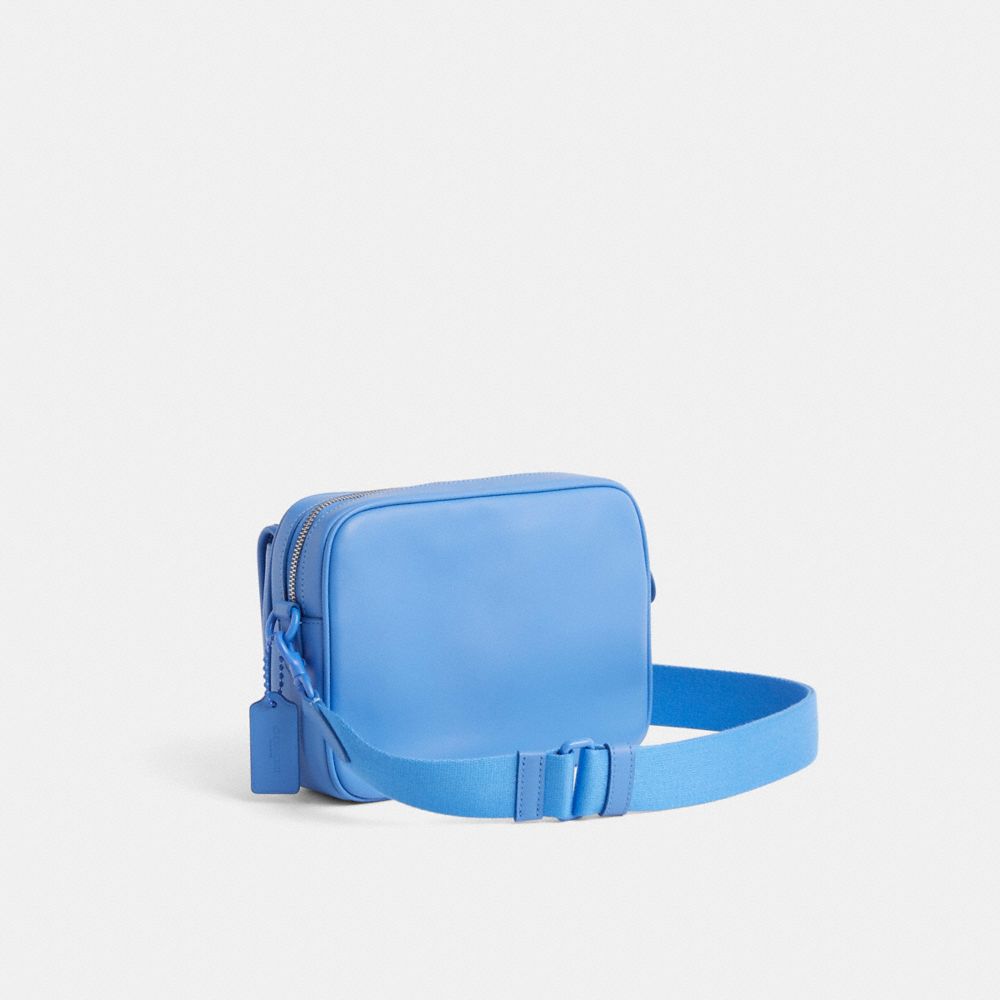 COACH®,Restored Charter Flap Crossbody Bag 24,Leather,Crossbody,Plastic,Chain Detail,Logo,Color Metal,Casual,Blue,Angle View