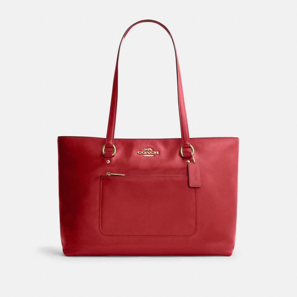 COACH®,Station Tote Bag,Recycled Polyester,Leather,Tote,Metal,Logo,Gold Metal,Work,Red,Front View