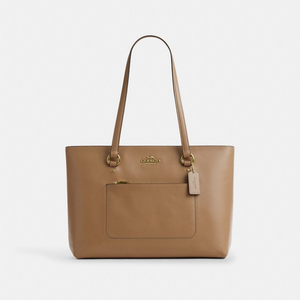 COACH®,Station Tote Bag,Recycled Polyester,Leather,Tote,Logo,Metal,Gold Metal,Work,Brown,Front View