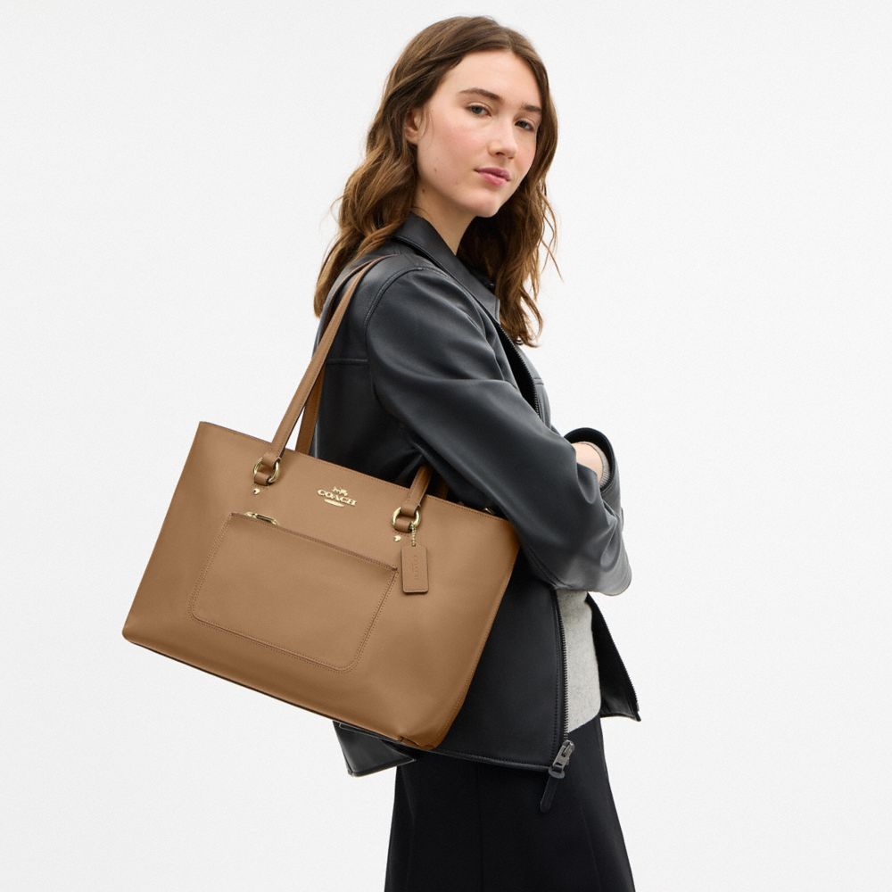 COACH®,Station Tote Bag,Recycled Polyester,Leather,Tote,Logo,Metal,Gold Metal,Work,Brown,Detail View