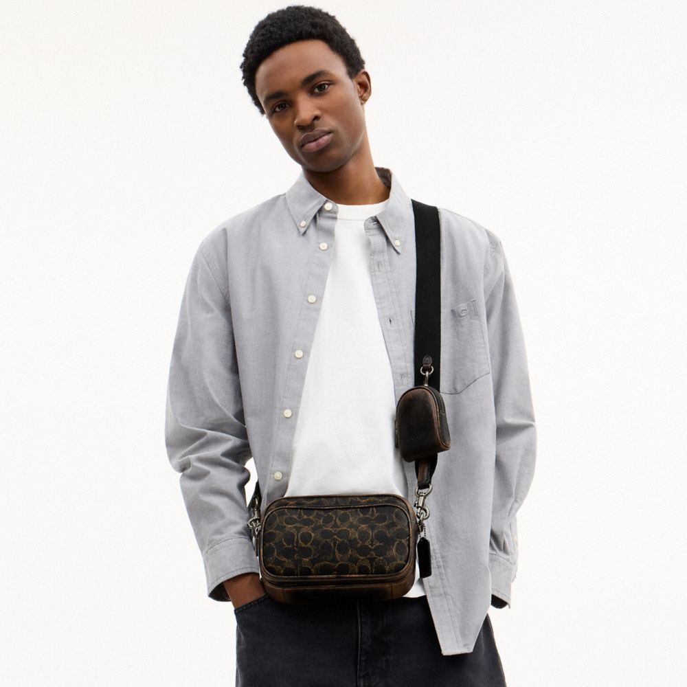 COACH®,Finlay Crossbody Bag In Loved Signature Canvas,Recycled Polyester,Leather,Canvas,Crossbody,Logo,Casual,Multi Color,Detail View