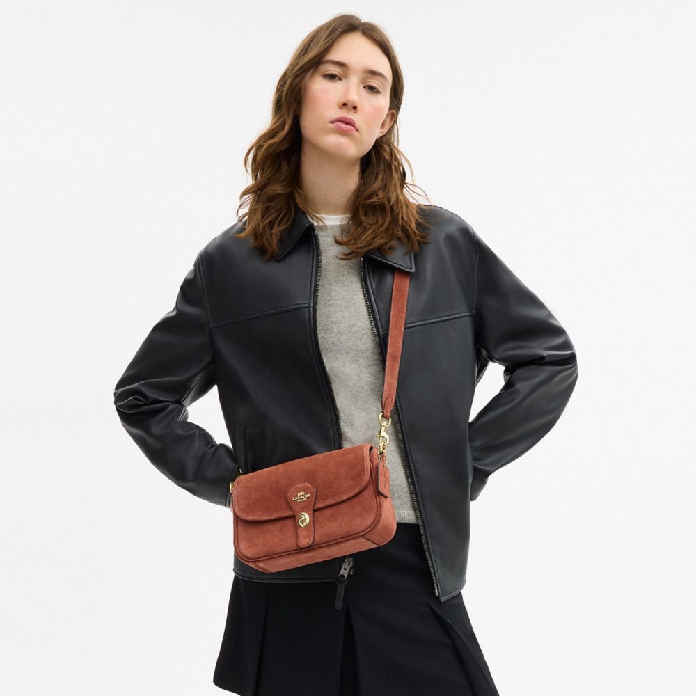 COACH®,Hadley Shoulder Bag,Suede,Leather,Shoulder Bag,Metal,Logo,Casual,Brown,Detail View