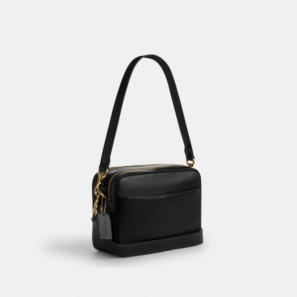 COACH®,Carey Crossbody Bag,Leather,Recycled Polyester,Camera Bag,Logo,Metal,Adjustable,Lined,Gold Metal,Casual,Black,Angle View