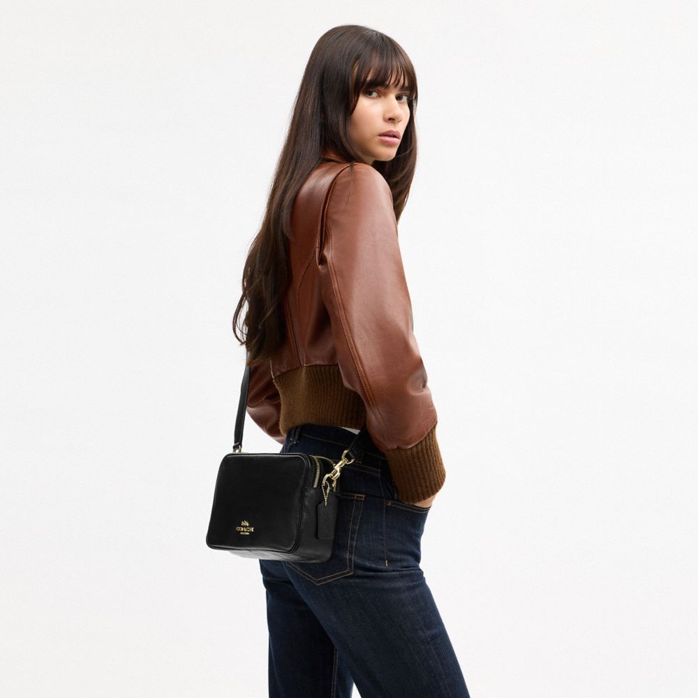 COACH®,Carey Crossbody Bag,Leather,Recycled Polyester,Camera Bag,Logo,Metal,Adjustable,Lined,Gold Metal,Casual,Black