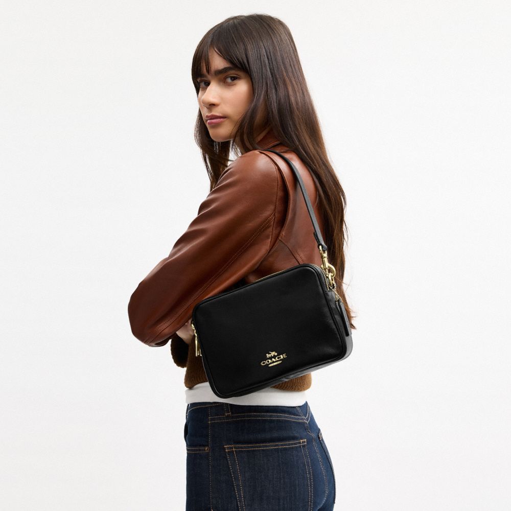 COACH®,Carey Crossbody Bag,Leather,Recycled Polyester,Camera Bag,Logo,Metal,Adjustable,Lined,Gold Metal,Casual,Black,Detail View