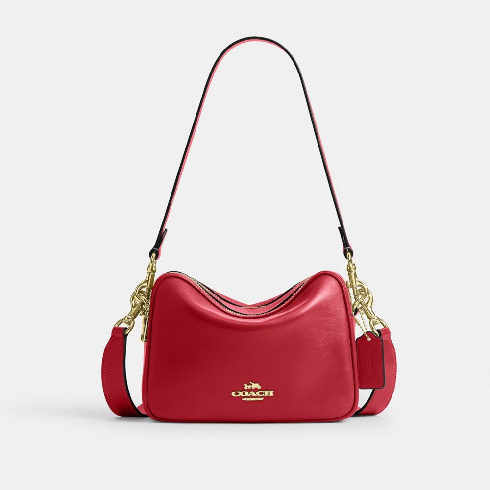 COACH®,Carey Crossbody Bag,Leather,Recycled Polyester,Camera Bag,Logo,Metal,Adjustable,Lined,Gold Metal,Casual,Red,Front View