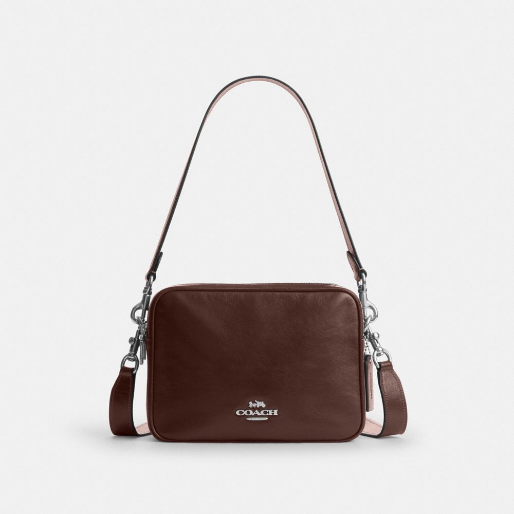 COACH®,Carey Crossbody Bag,Leather,Recycled Polyester,Camera Bag,Logo,Metal,Adjustable,Lined,Gold Metal,Casual,Brown,Front View