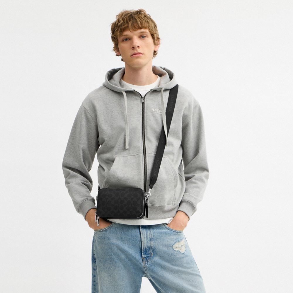 COACH®,Clinton Crossbody Bag In Signature Canvas,Lining Recycled Polyester,Canvas,Leather,Recycled Polyester,Crossbody,Pen...,Black,Detail View