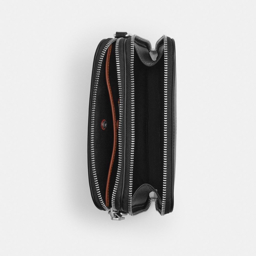 COACH®,Clinton Crossbody Bag With Floppy Graphic,Leather,Crossbody,Pendant,Compact,Sustainable,Adjustable,Silver Metal,Casual,Black,Inside View,Top View