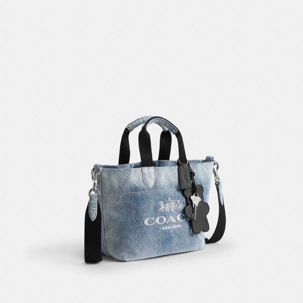 COACH®,Mini Tour Tote Bag In Loved Denim,Cotton,Lining Cotton,Leather,Denim,Tote,Metal,Pendant,Logo,Adjustable,Sustainable...,Multi Color,Angle View