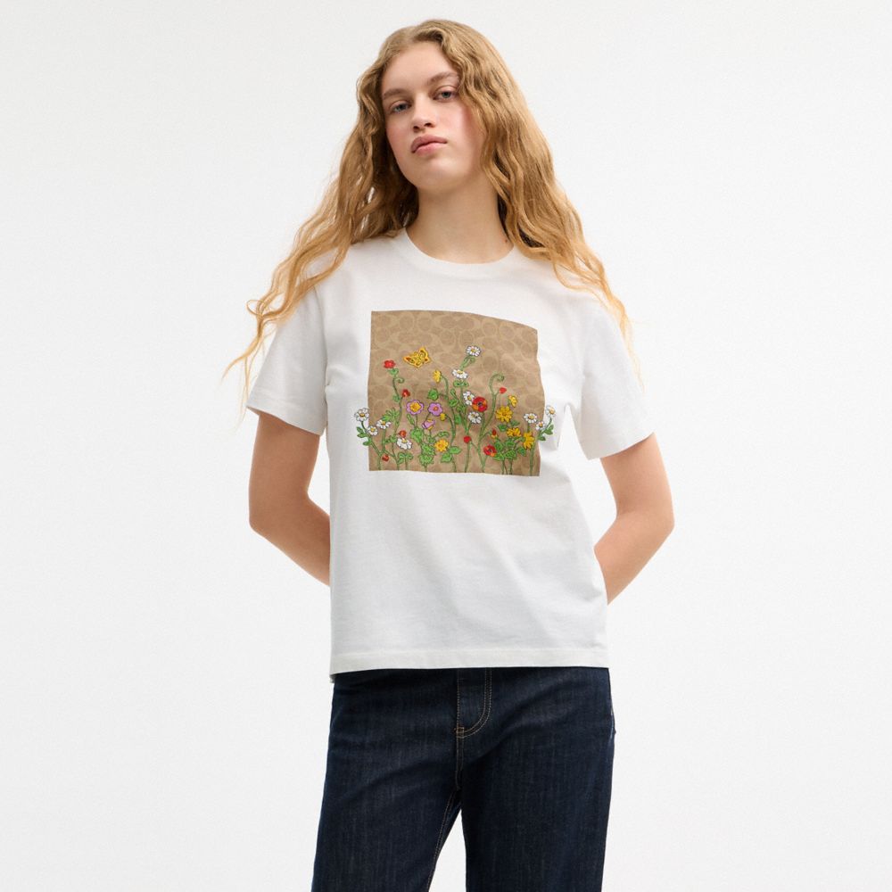 COACH®,Floral Signature Square Classic T-Shirt In Organic Cotton,,Scale View