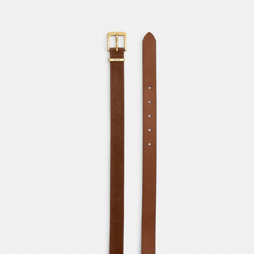 COACH®,Harness Hasp Buckle Belt, 25 Mm,Calfskin Leather,Suede,Standard,Brass Gold,Casual,Brown,Angle View