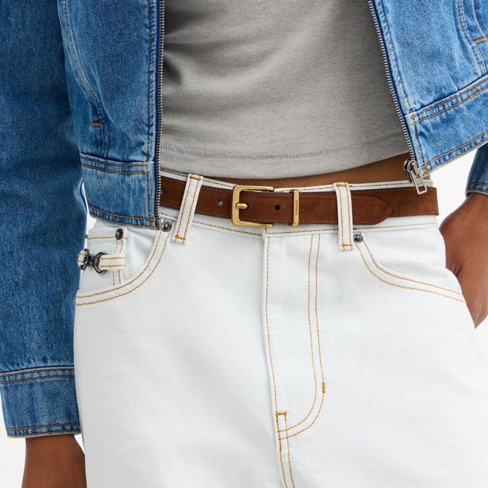 COACH®,Harness Hasp Buckle Belt, 25 Mm,Calfskin Leather,Suede,Standard,Brass Gold,Casual,Brown,Detail View