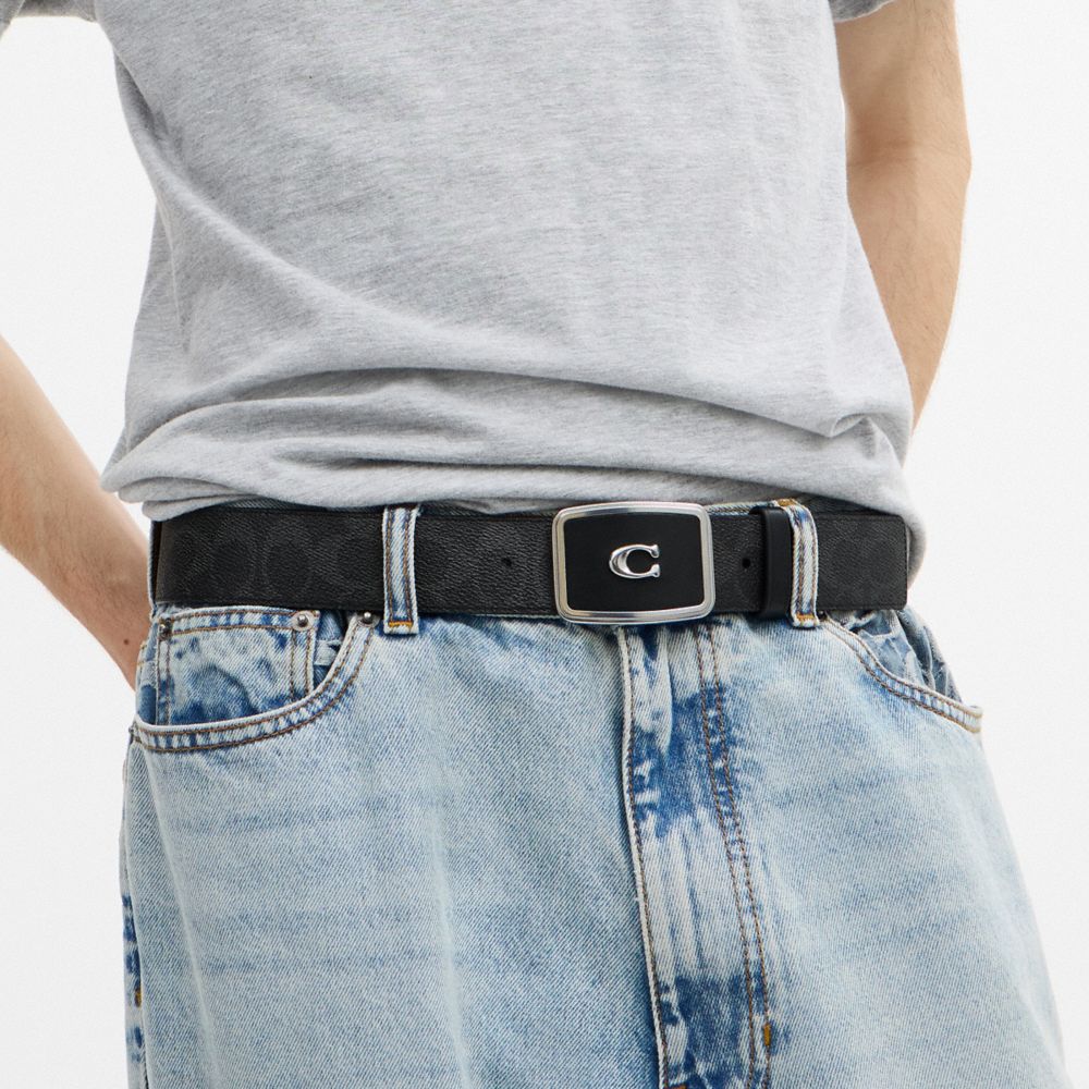 COACH®,Signature Plaque Buckle Belt, 38 Mm,,Detail View