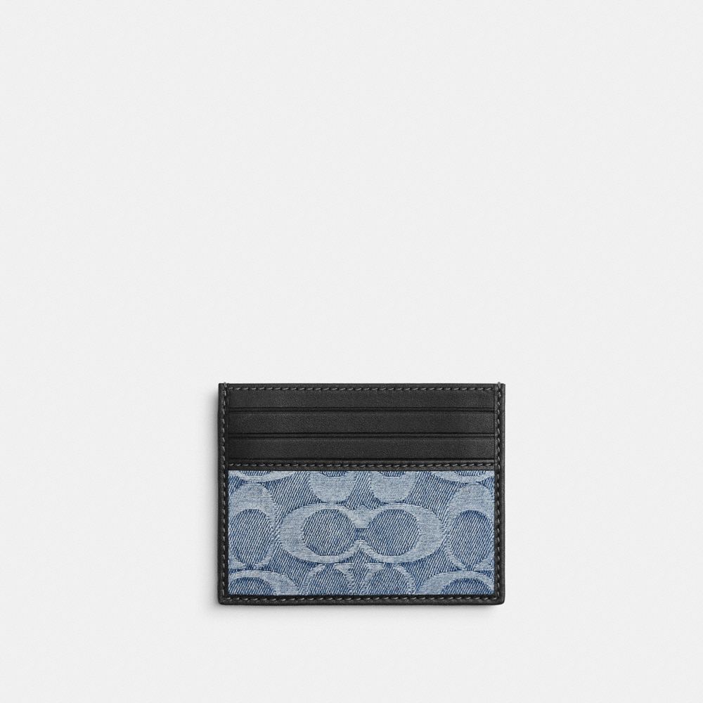 COACH®,Slim Id Card Case In Loved Signature Denim,Denim,Leather,Card Case,Color Block,Logo,Casual,Black,Front View