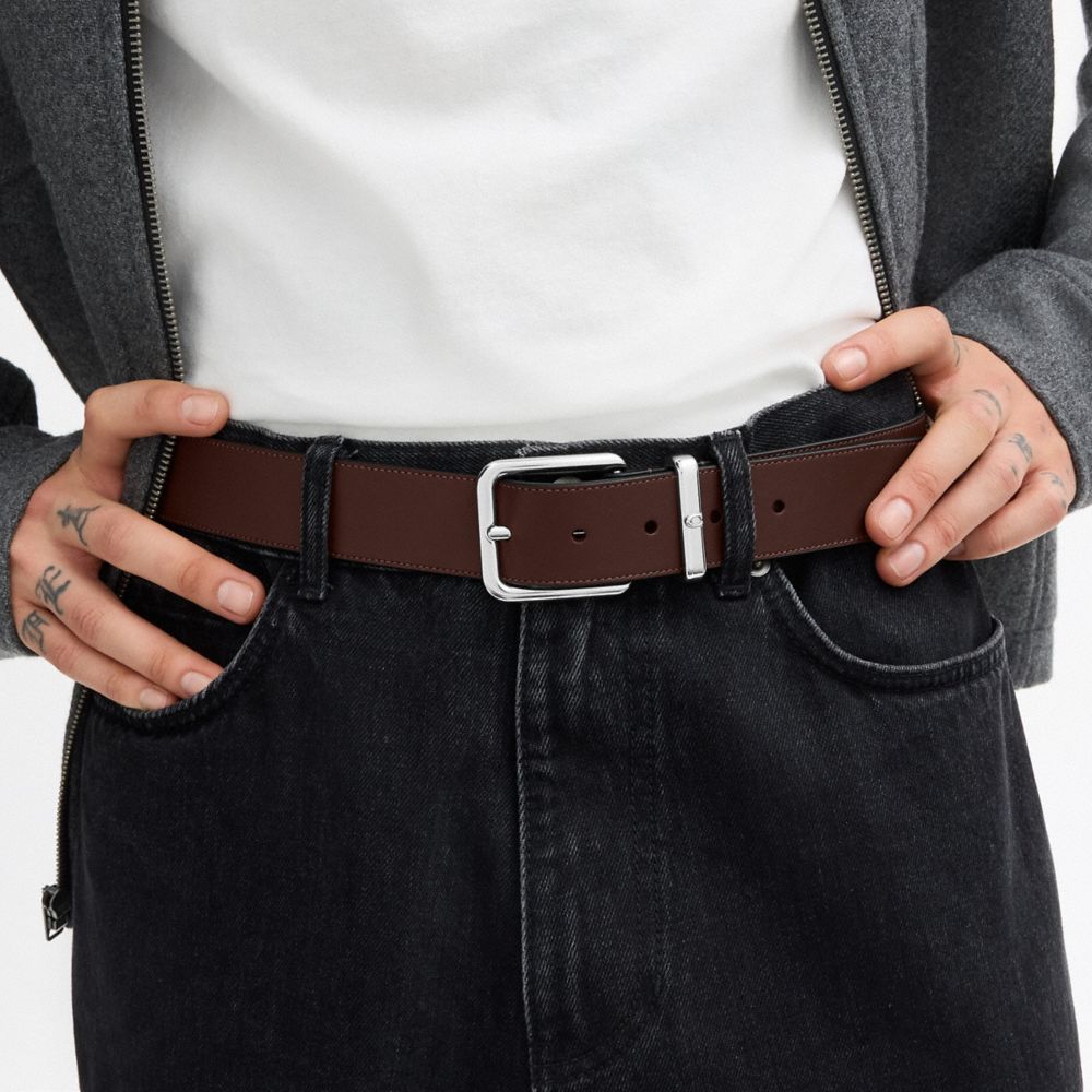 COACH®,Harness Buckle Belt, 35 Mm,Leather,Standard,Metal Material,Silver Metal,Work,Brown,Detail View