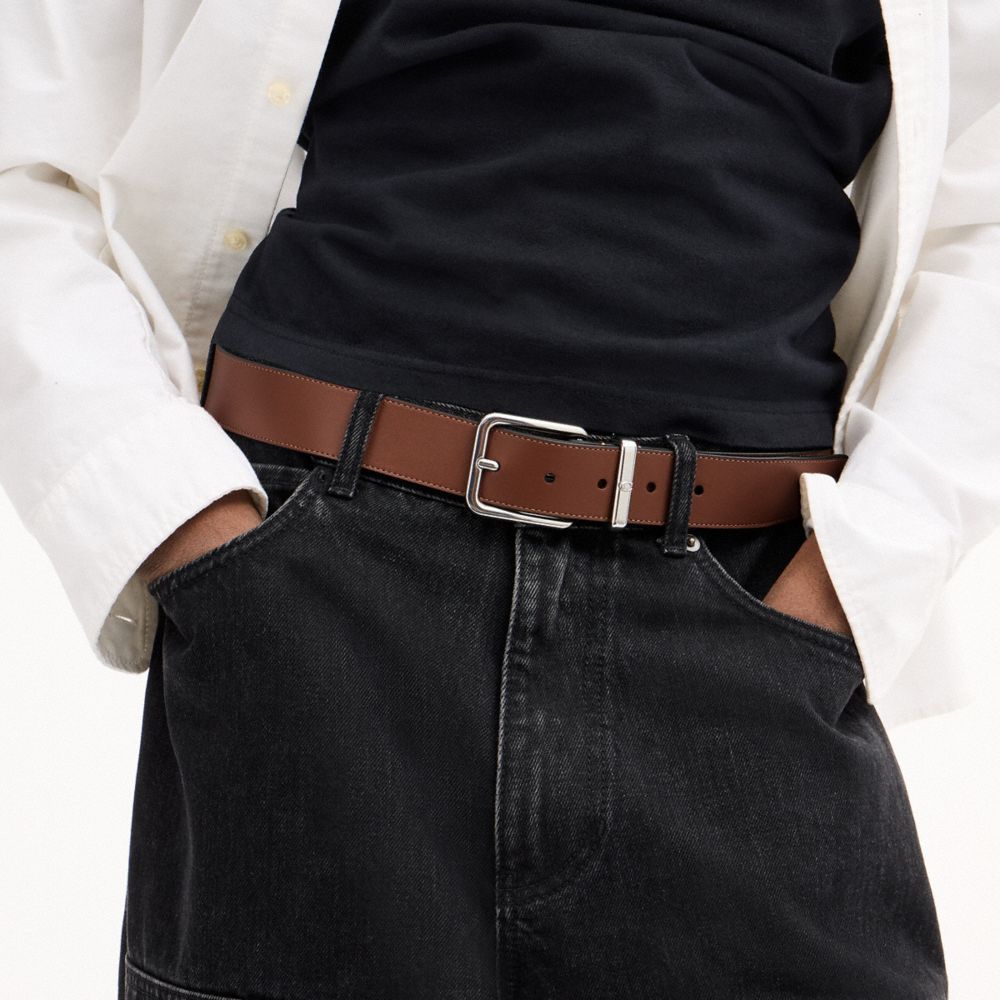 COACH®,Harness Buckle Belt, 35 Mm,Leather,Standard,Metal Material,Silver Metal,Work,Brown,Detail View