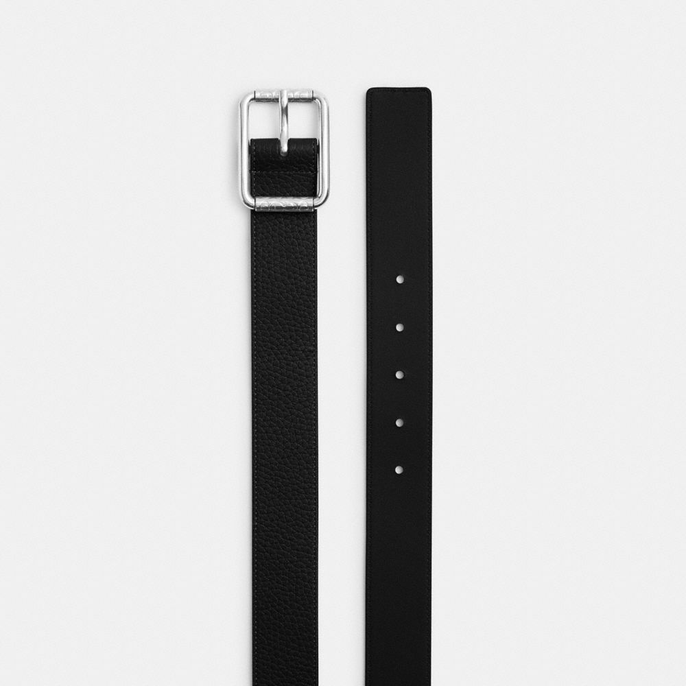 COACH®,Double Roller Buckle Belt, 35 Mm,Calfskin Leather,Leather,Standard,Silver Metal,Casual,Black,Angle View