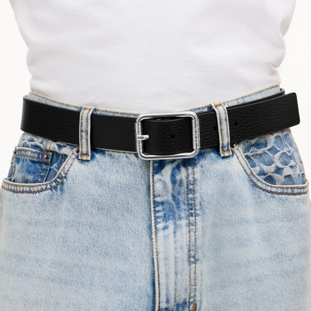 COACH®,Double Roller Buckle Belt, 35 Mm,Calfskin Leather,Leather,Standard,Silver Metal,Casual,Black,Detail View