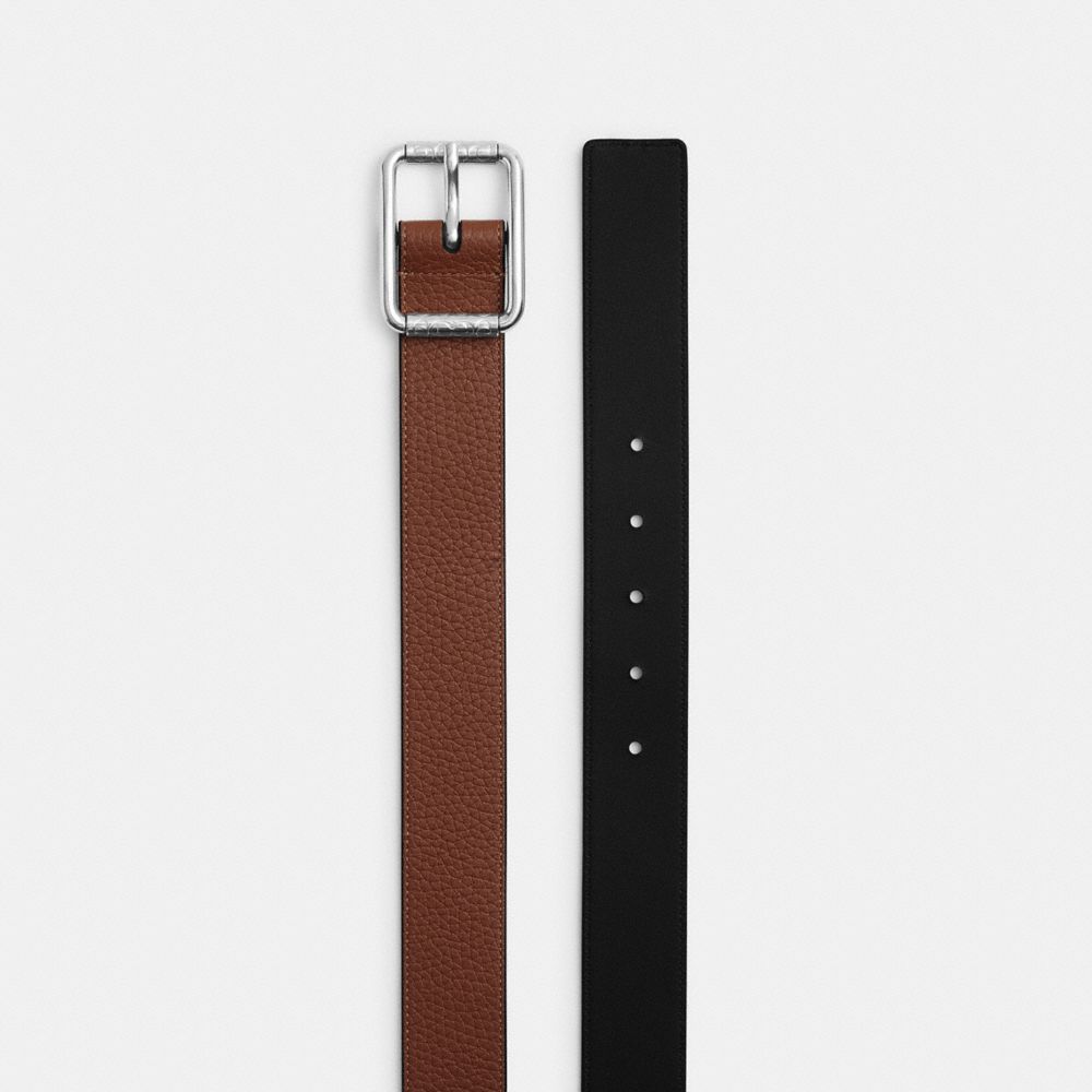 COACH®,Double Roller Buckle Belt, 35 Mm,Leather,Calfskin Leather,Standard,Silver Metal,Casual,Brown,Angle View