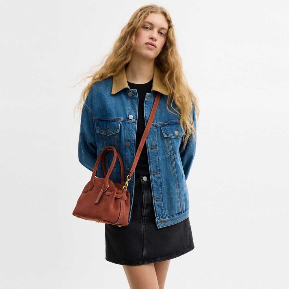 COACH®,Soft Empire Carryall Bag 21,Calfskin Leather,Leather,Suede,Satchel,3D Embellishment,Metal,Pendant,Casual,Brown,Detail View