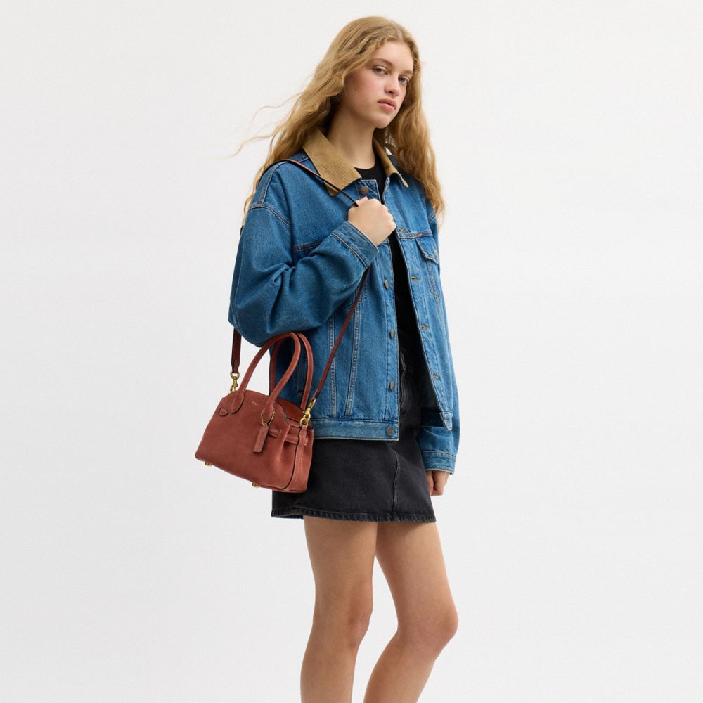 COACH®,Soft Empire Carryall Bag 21,Calfskin Leather,Leather,Suede,Satchel,3D Embellishment,Metal,Pendant,Casual,Brown,Detail View