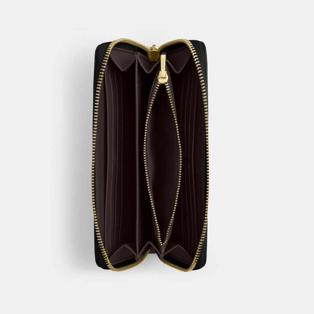 COACH®,Long Zip Around Wallet,Leather,Continental,Wristlet,Metal,Logo,Casual,Black,Inside View,Top View