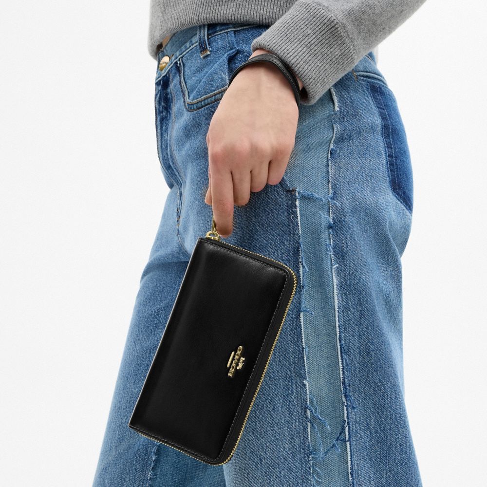 COACH®,Long Zip Around Wallet,Leather,Continental,Wristlet,Metal,Logo,Casual,Black,Detail View