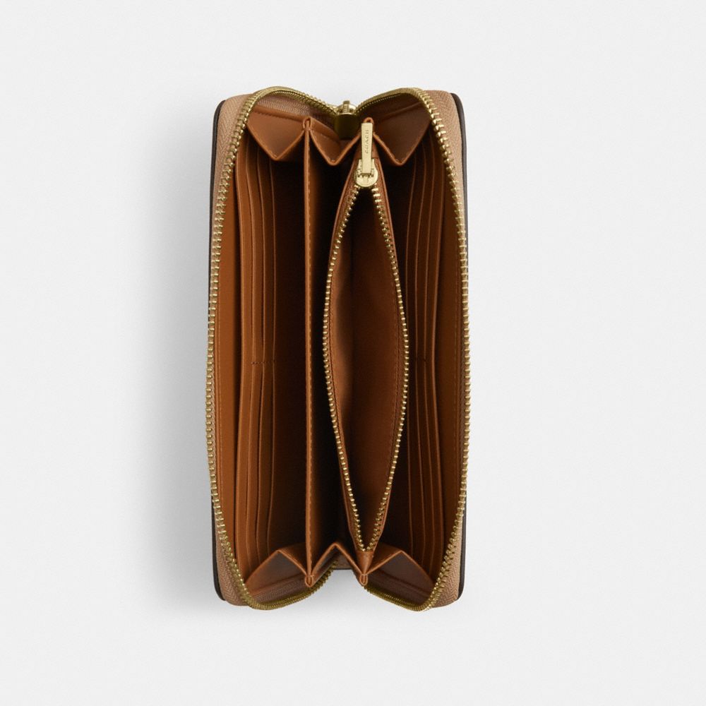 COACH®,Long Zip Around Wallet,Leather,Continental,Wristlet,Metal,Logo,Casual,Brown,Inside View,Top View