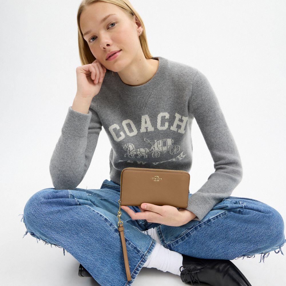 COACH®,Long Zip Around Wallet,Leather,Continental,Wristlet,Metal,Logo,Casual,Brown,Detail View