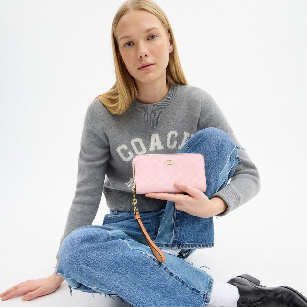COACH®,Long Zip Around Wallet In Signature Canvas,Pink,Detail View