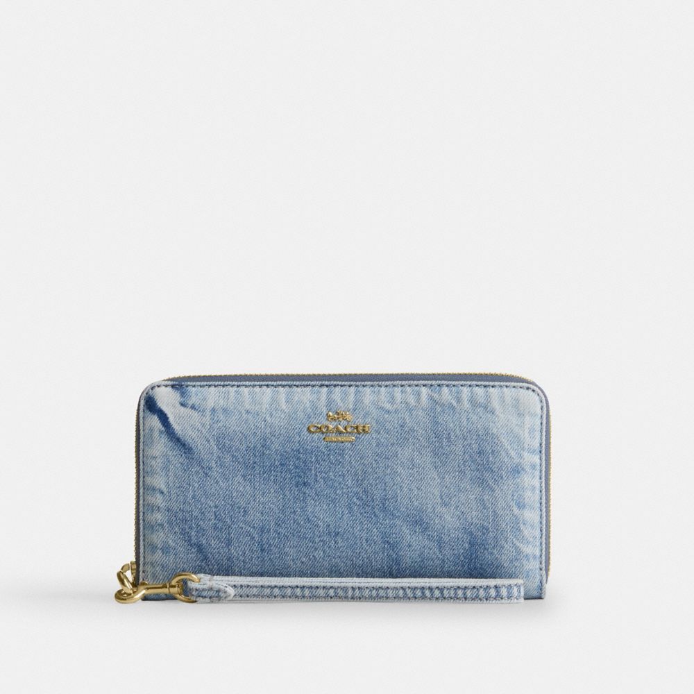 COACH®,Long Zip Around Wallet In Loved Denim,Cotton,Denim,Continental,Wristlet,Metal,Logo,Casual,Blue,Front View