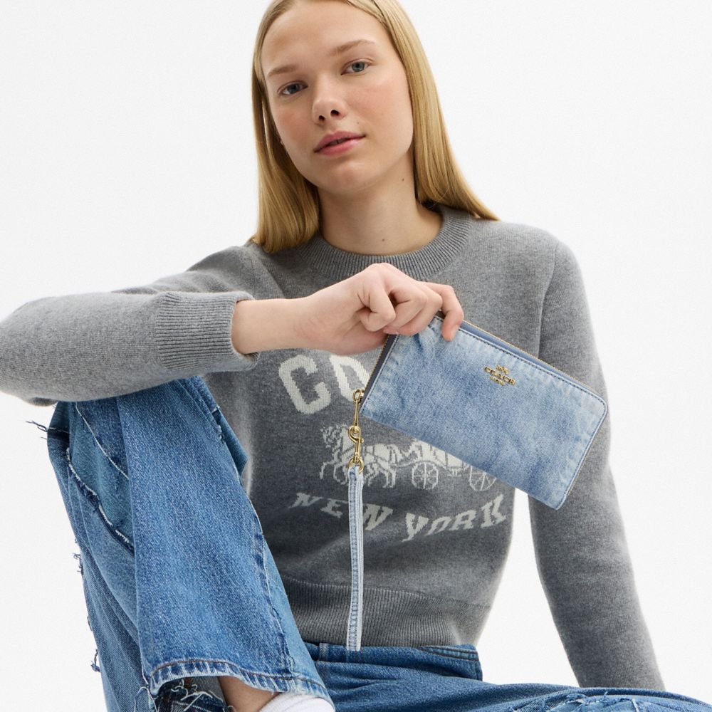 COACH®,Long Zip Around Wallet In Loved Denim,Cotton,Denim,Continental,Wristlet,Metal,Logo,Casual,Blue,Detail View