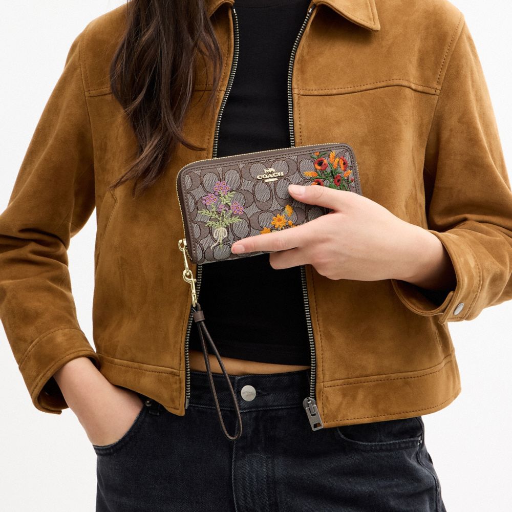 COACH®,Long Zip Around Wallet In Signature Jacquard With Floral Embroidery,,Detail View