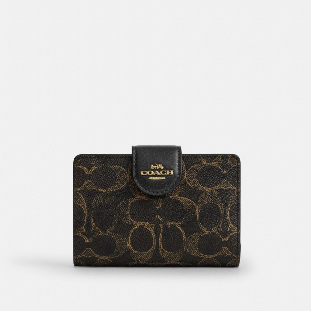 COACH®,Medium Corner Zip Wallet In Loved Signature Canvas,Canvas,Leather,Bi Fold,Metal,Logo,Casual,Black,Front View