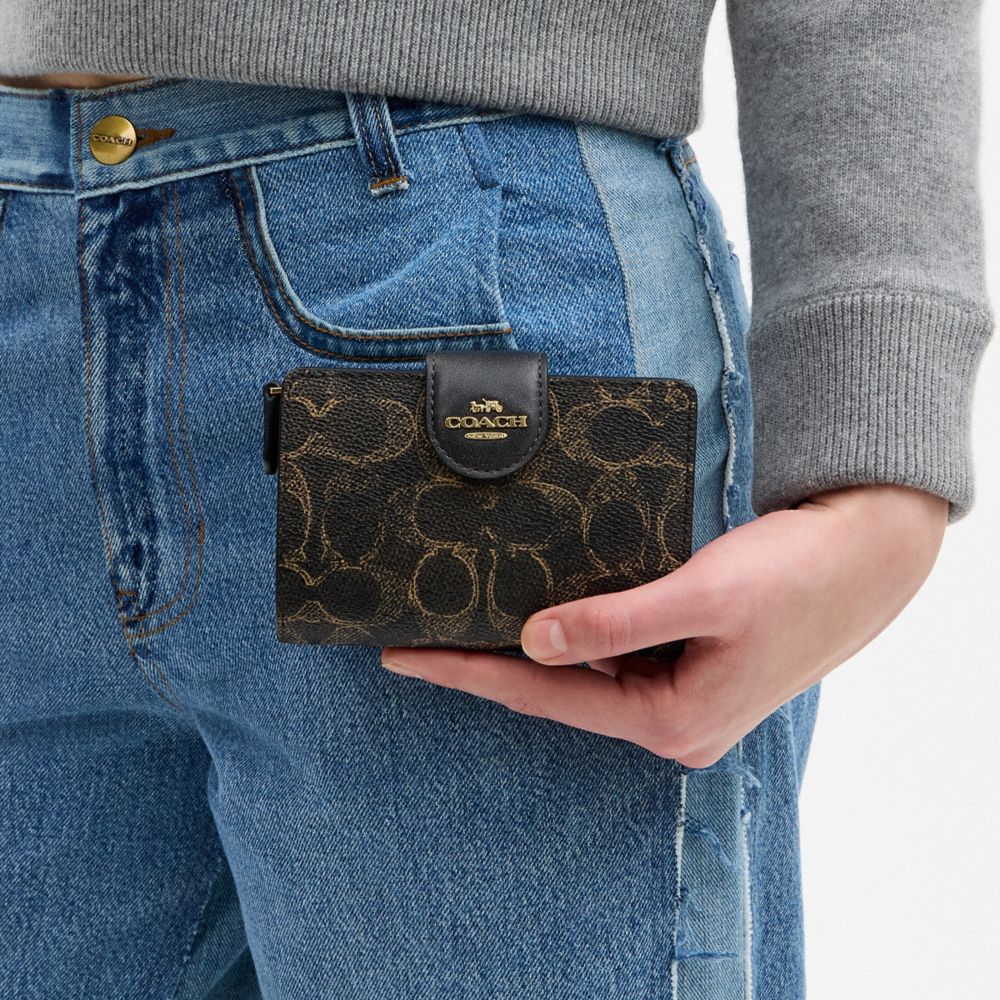 COACH®,Medium Corner Zip Wallet In Loved Signature Canvas,Canvas,Leather,Bi Fold,Metal,Logo,Casual,Black,Detail View