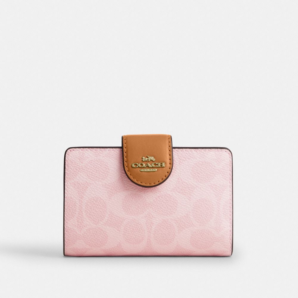 COACH®,Medium Corner Zip Wallet In Signature Canvas,Canvas,Leather,Coin,Metal,Logo,Casual,Pink,Front View