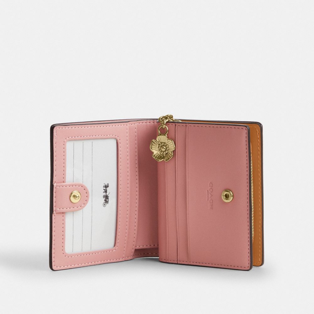 COACH®,Snap Wallet In Signature Canvas With Charm,Canvas,Leather,Bi Fold,Pendant,Metal,Logo,Casual,Pink,Inside View,Top View