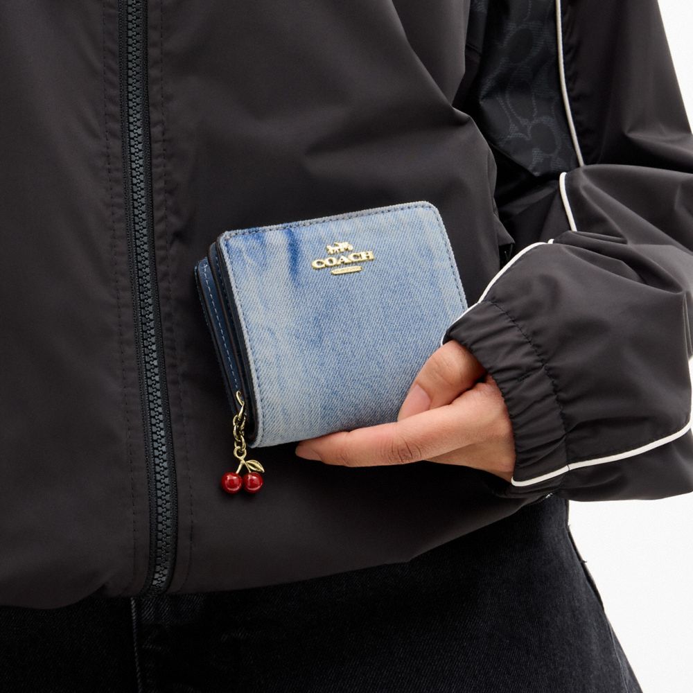 COACH®,Snap Wallet In Loved Denim With Charm,Leather,Cotton,Denim,Bi Fold,Pendant,Logo,Metal,Sustainable,Casual,Blue,Detail View