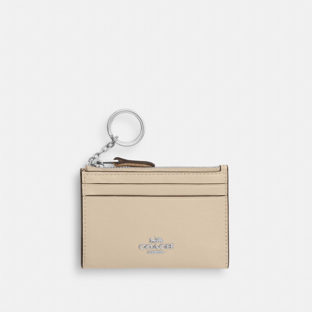 COACH®,Mini Skinny Id Case,Recycled Polyester,Leather,Coin,Card Case,Metal,Logo,Key Ring,Casual,Beige,Front View