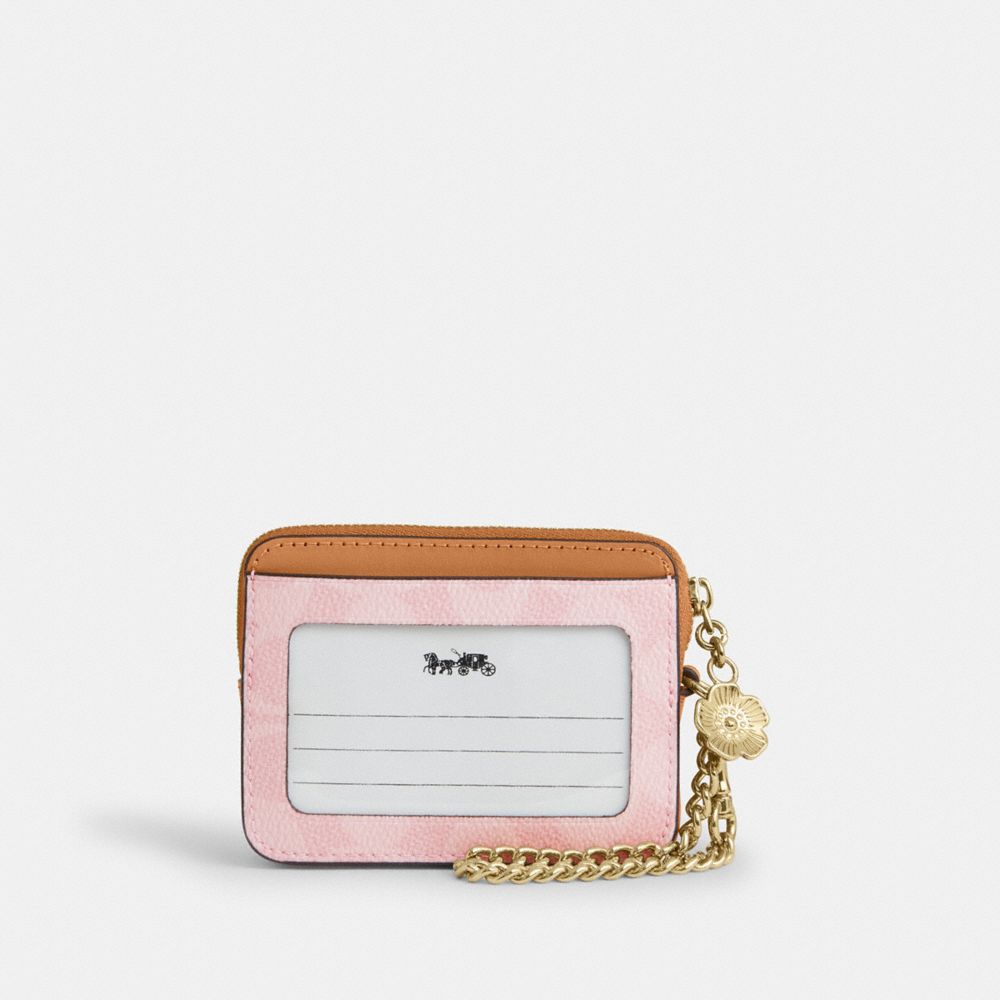 COACH®,PORTE-CARTES ZIPPÉ EN TOILE EXCLUSIVE AVEC BRELOQUE,Toile exclusive,Or/Rose poudre,Back View