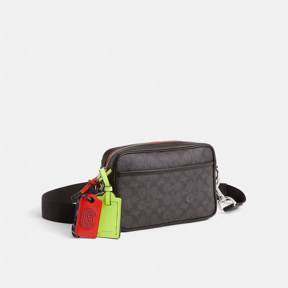 COACH®,Upcrafted Academy Crossbody,Canvas,Leather,Crossbody,Faux Leather,Plastic,Embroidered,Metal,Applique,Zipper,Logo,Co...,Black,Angle View
