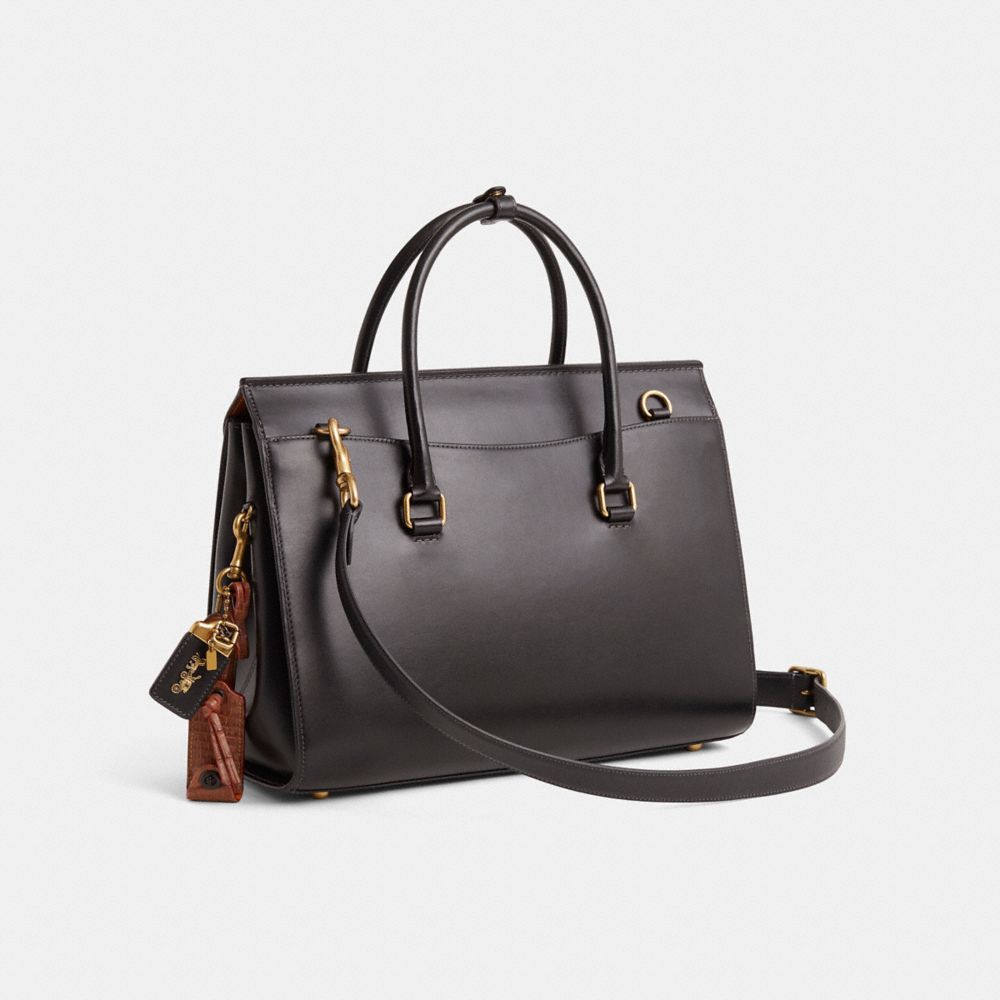 COACH®,Upcrafted Broome Carryall Bag 36,Leather,Calfskin Leather,Crocodile,Satchel,Metal,Logo,Sustainable,Brass,Work,Black,Angle View
