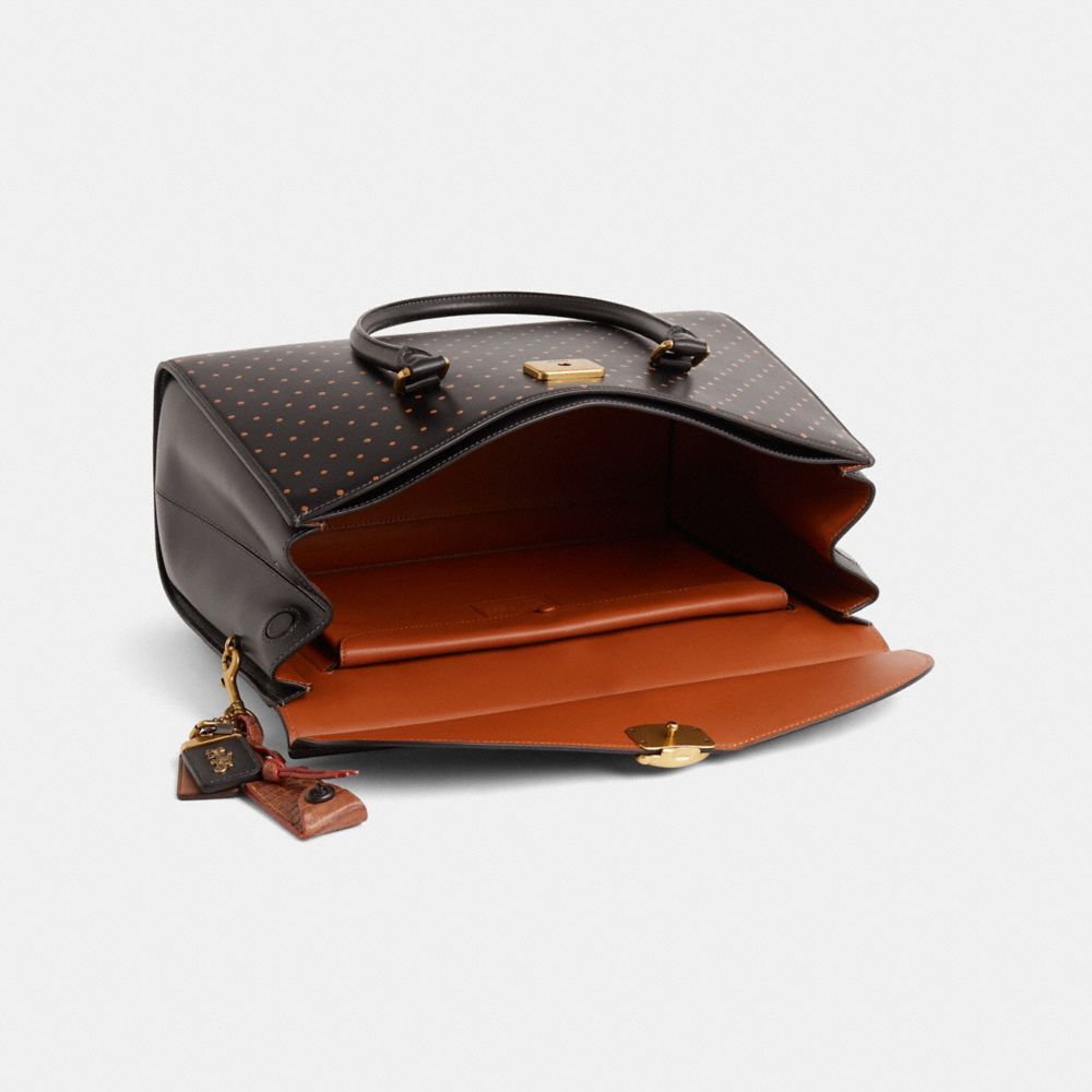 COACH®,Upcrafted Broome Carryall Bag 36,Leather,Calfskin Leather,Crocodile,Satchel,Metal,Logo,Sustainable,Brass,Work,Black,Inside View,Top View