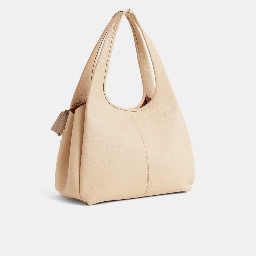 COACH®,Upcrafted Lana Shoulder Bag,Leather,Shoulder Bag,Embellished,Studded,Lined,Sustainable,Brass,Day Party,Beige,Angle View