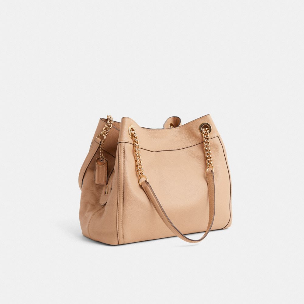 COACH®,Upcrafted Turnlock Edie Shoulder Bag,Leather,Tote,Studded,Embellished,Sustainable,Gold Metal,Day Party,Beige,Angle View