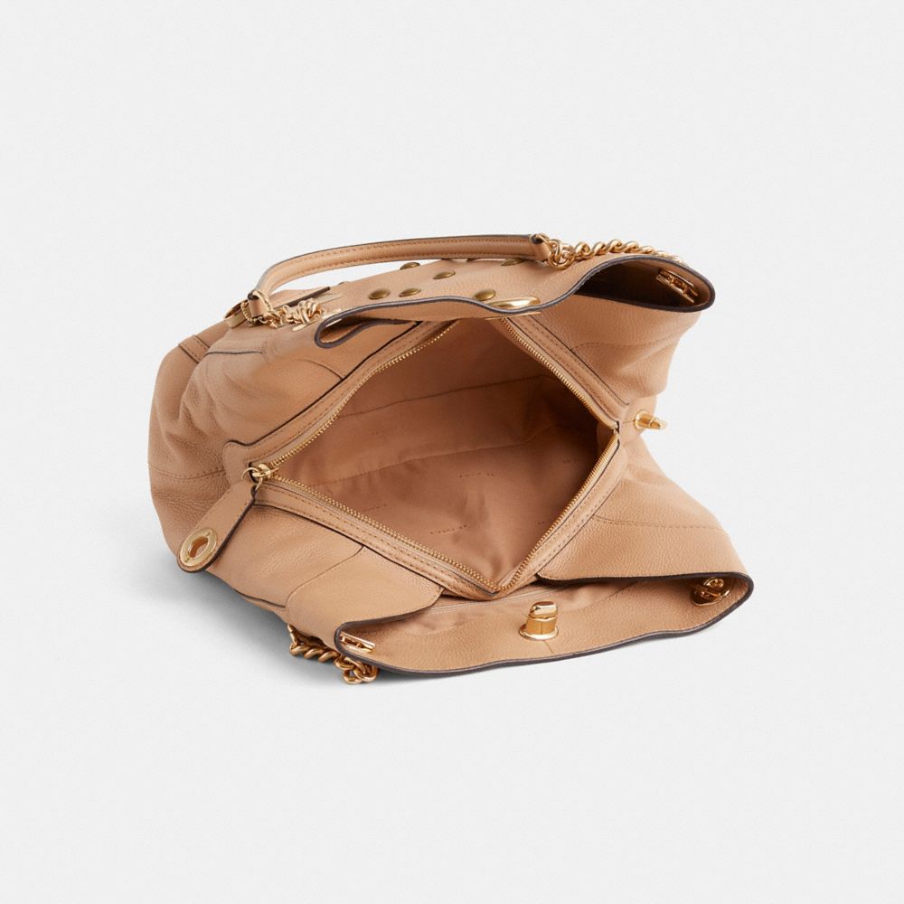 COACH®,Upcrafted Turnlock Edie Shoulder Bag,Leather,Tote,Studded,Embellished,Sustainable,Gold Metal,Day Party,Beige,Inside View,Top View